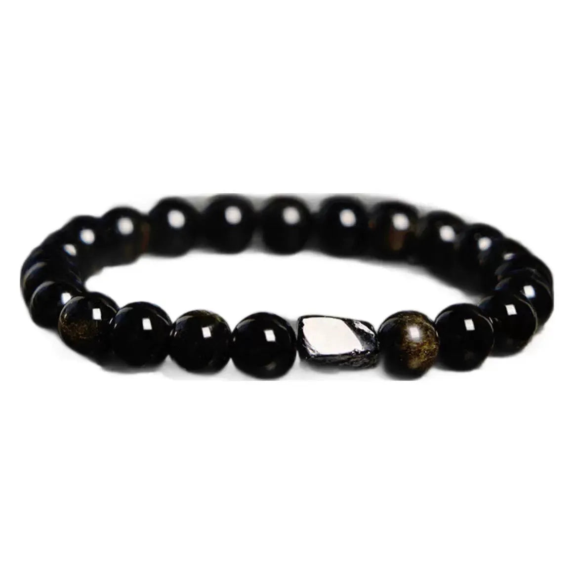 Natural obsidian single ring bracelet with 8mm beads and a metal constellation charm on a white background.