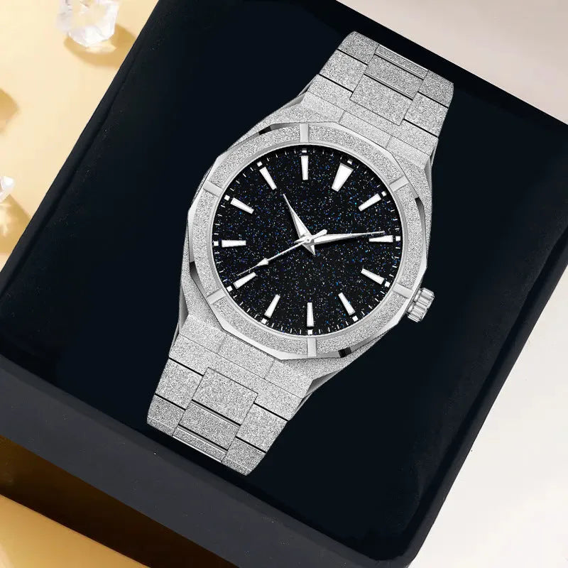 Men's business watch with frosted stainless steel finish and luminous markers on black background