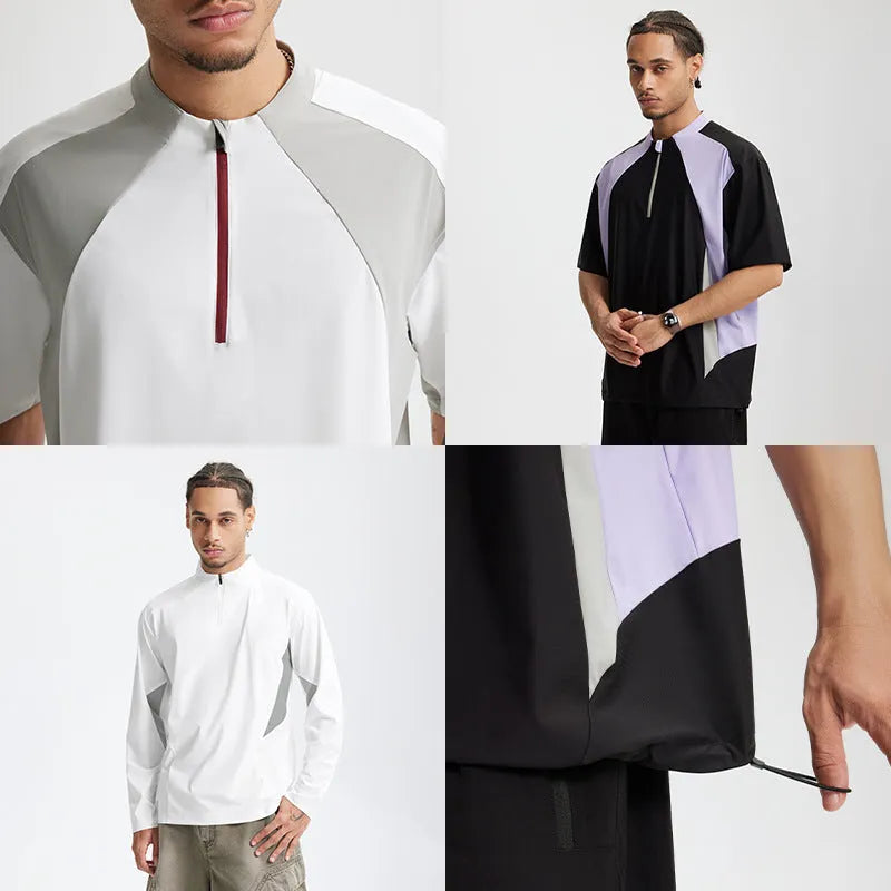Men's lightweight solid colour polyester top with stitching detail, shown in black and beige with long and short sleeve options.
