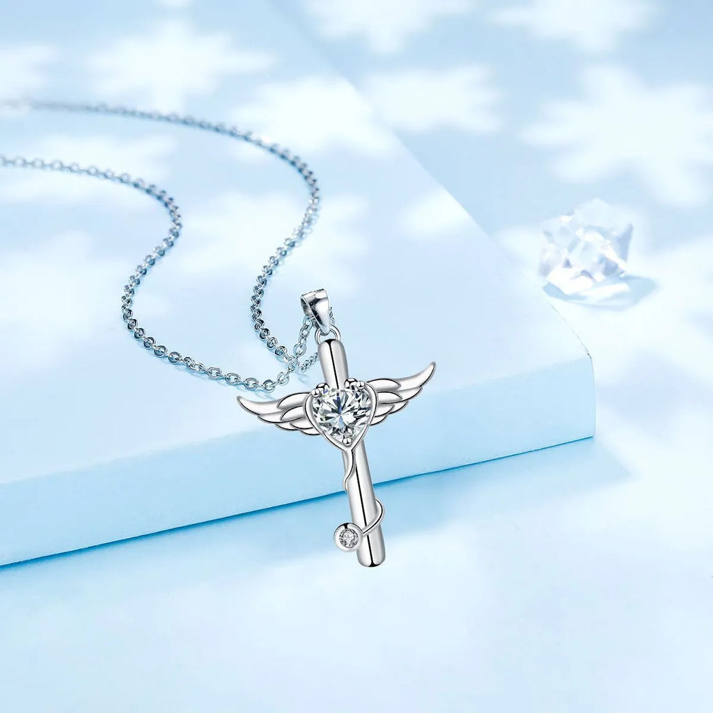 Cross stethoscope pendant necklace with wings charm in copper with electroplated finish