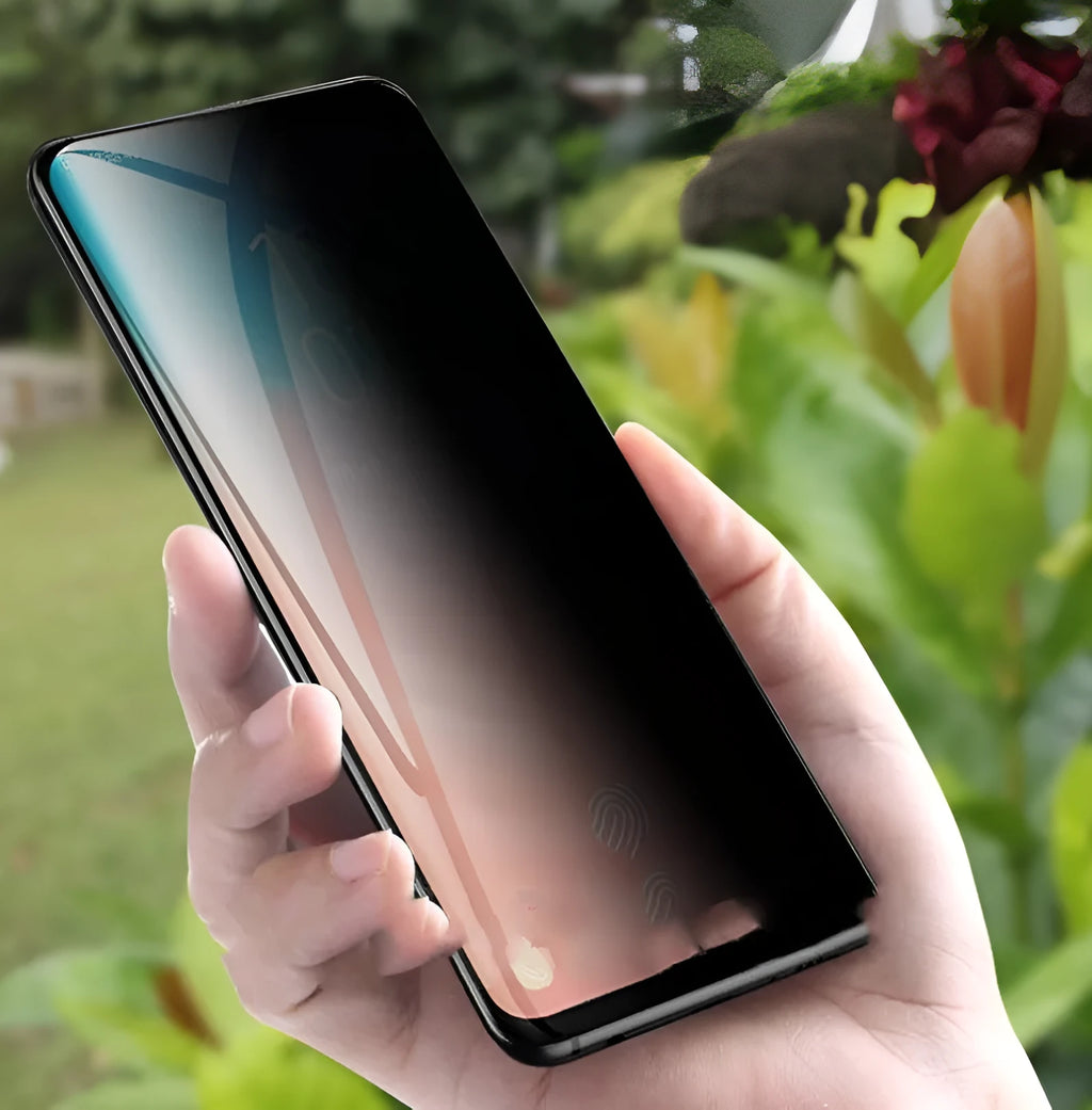 Samsung Galaxy tempered glass screen protector showing full coverage and anti-fingerprint surface.