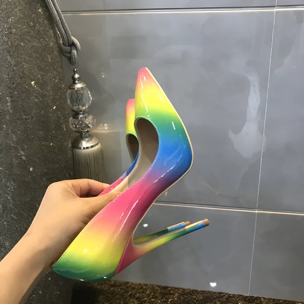 Rainbow colour patent leather women's high heels with pointed toe and thin ultra-high heel.
