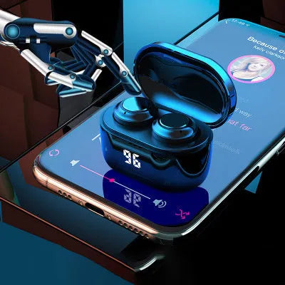 Black stereo Bluetooth 5.0 headset earbuds with power display and NFC function