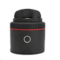 Matte black PIVO facial tracking camera on a 360-degree rotating base, attached to a smartphone.