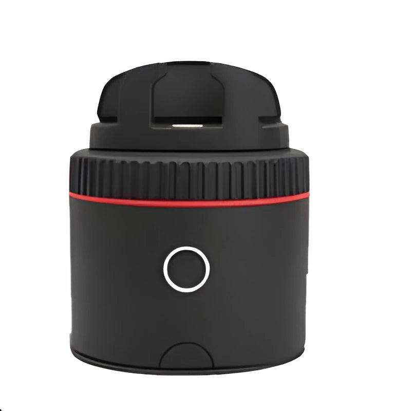 Matte black PIVO facial tracking camera on a 360-degree rotating base, attached to a smartphone.