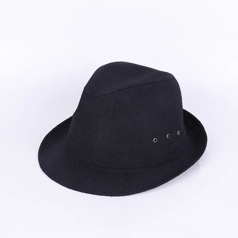 A classic fedora hat for men in thickened suit material, shown in a neutral colour on a stand.