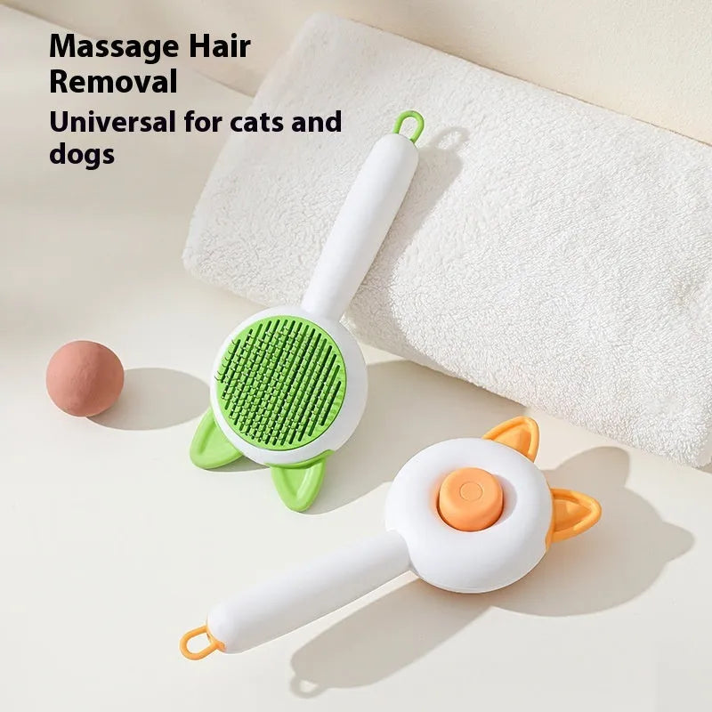 Self-cleaning cat grooming brush with stainless steel teeth in greenish white or orange white colour