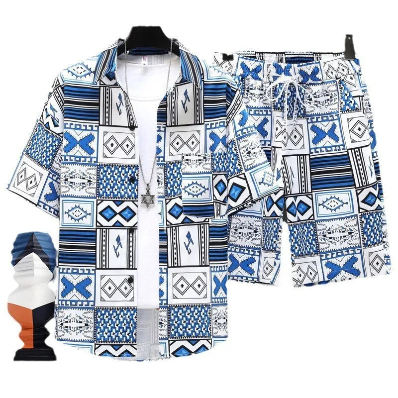 Men's polyester casual sports shorts two-piece set with matching short sleeve top