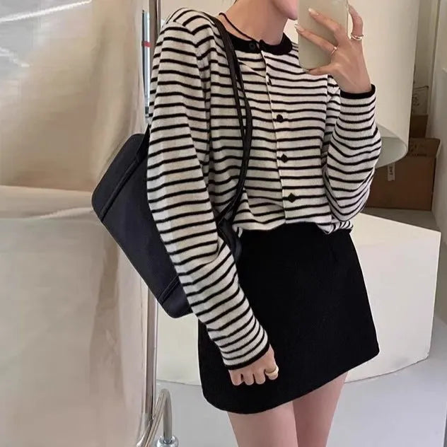 French style striped women's cardigan coat in dark grey with white stripes, slim fit with 40cm length