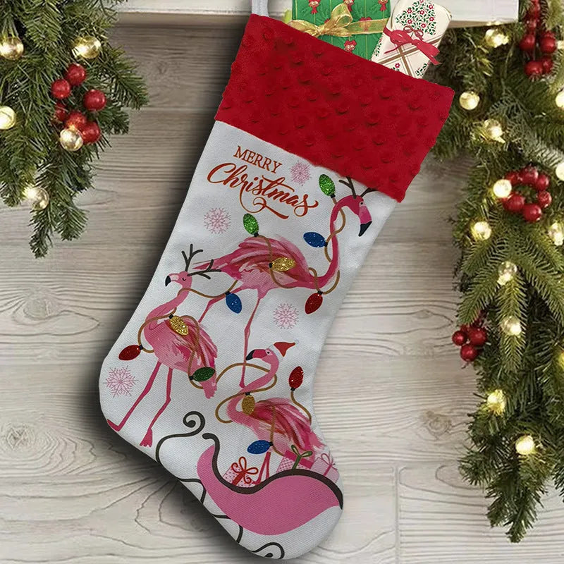 Flamingo Christmas stocking decoration measuring 46 by 28 centimetres in cloth material