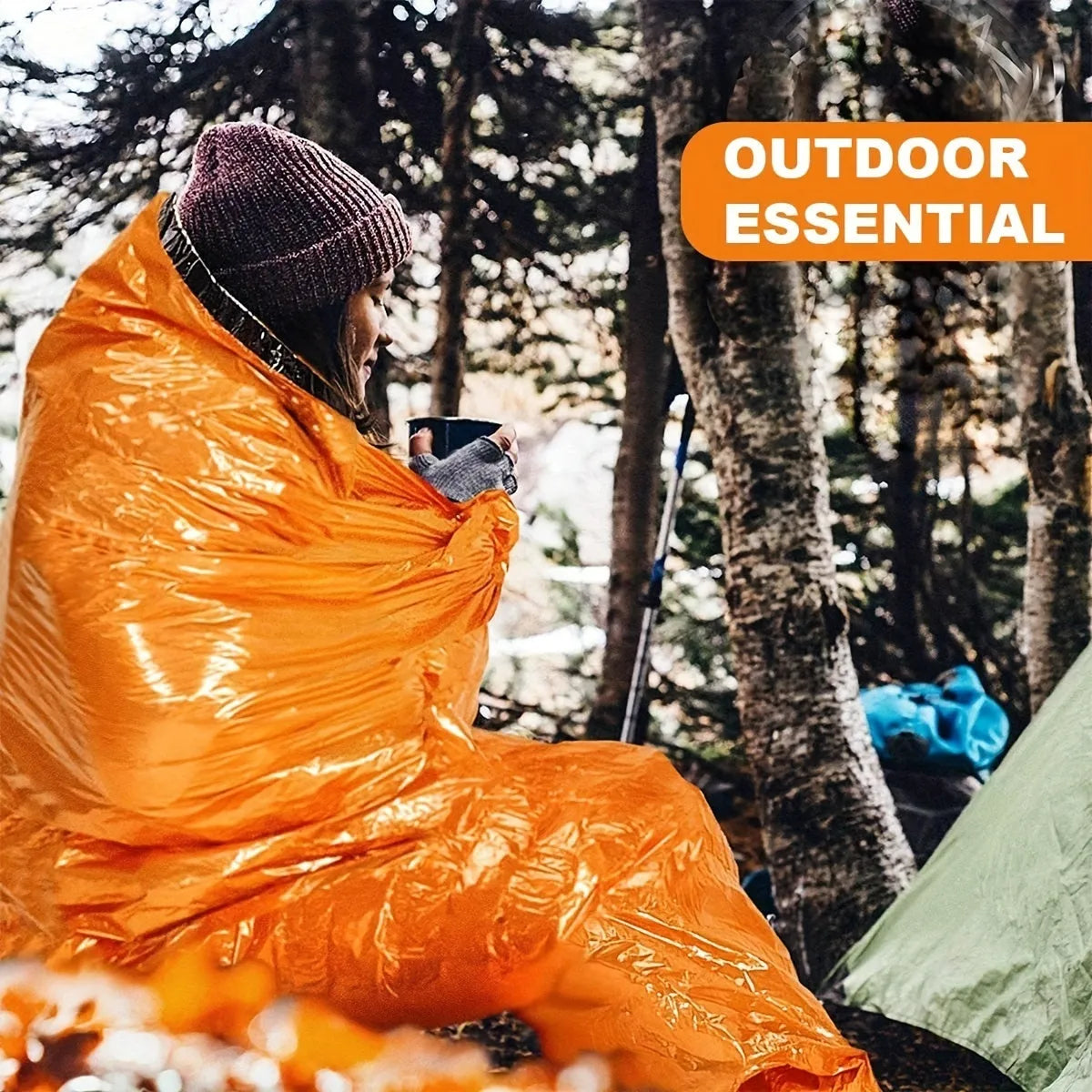 Portable emergency sleeping bag, blanket, and tent in green or orange, thermal and waterproof for camping and survival