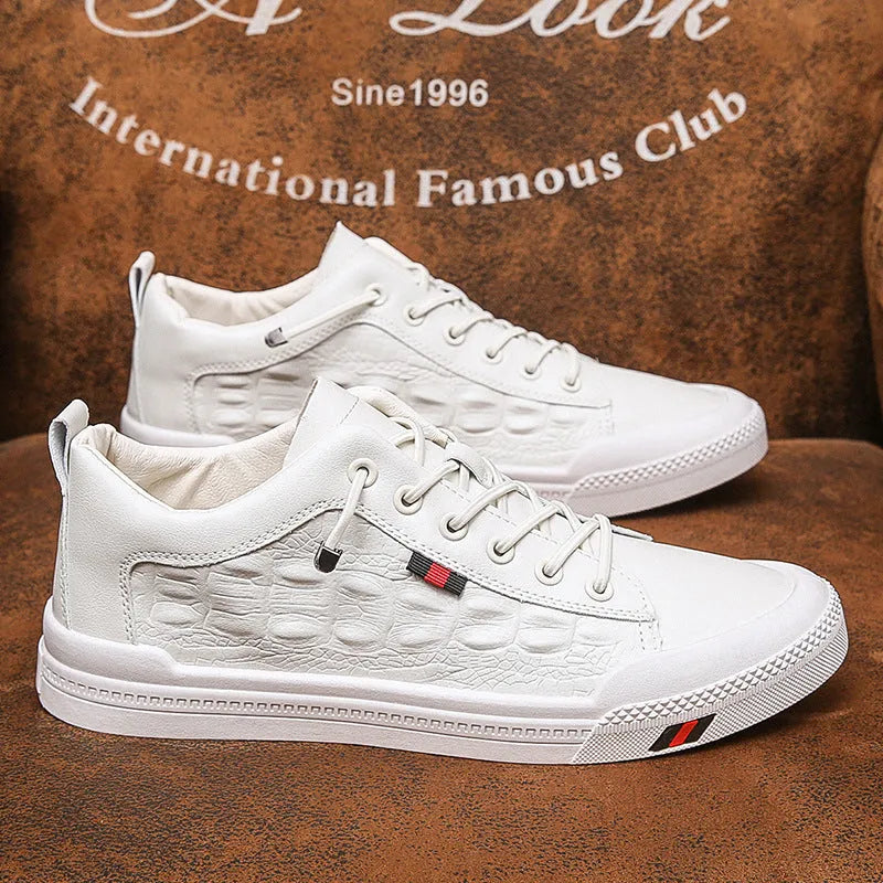 White men's casual sneakers with lace-up closure and round toe design