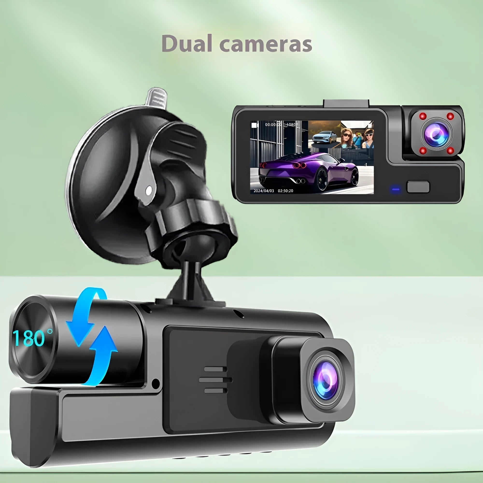 Front and rear WiFi car dash cam on windscreen with 2.0-inch screen showing reversing camera image.