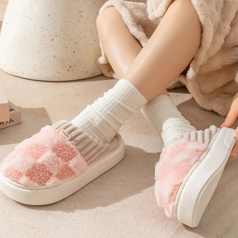 Women's plush indoor slippers in coffee colour with coral velvet upper and anti-slip PVC sole.