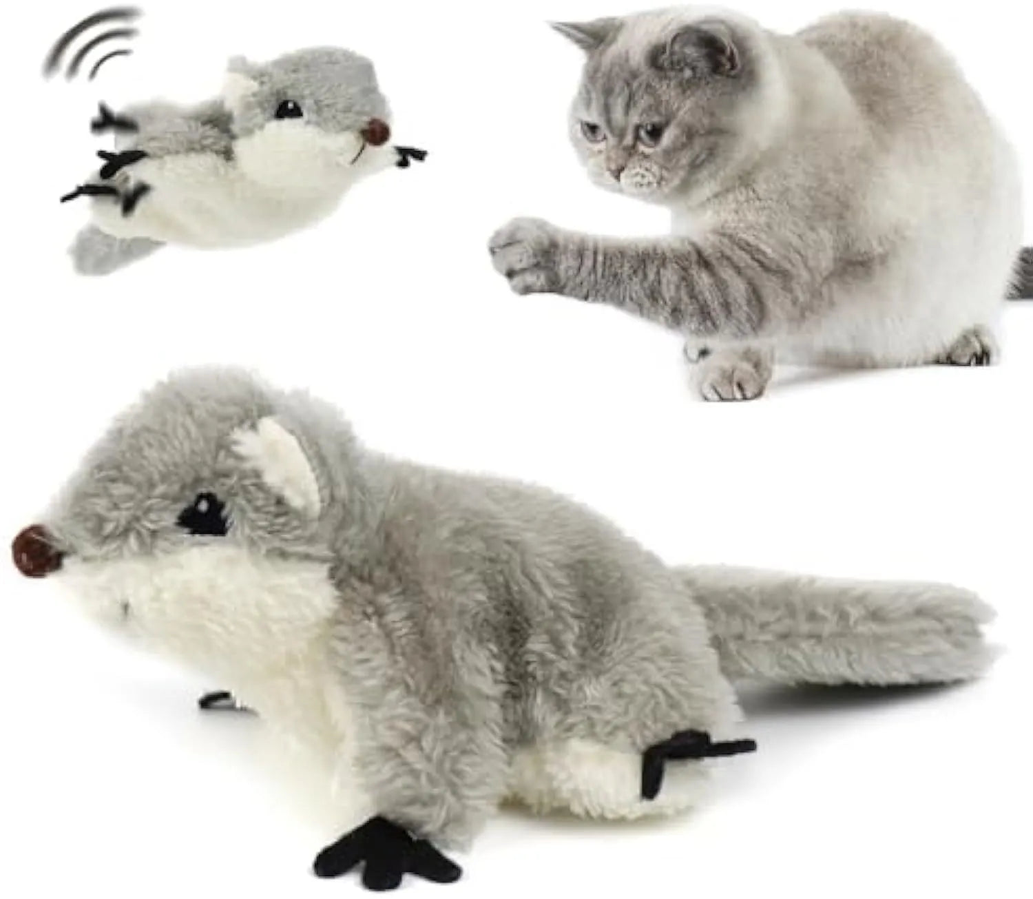 Grey flapping squirrel cat toy with motion activation and USB charging port