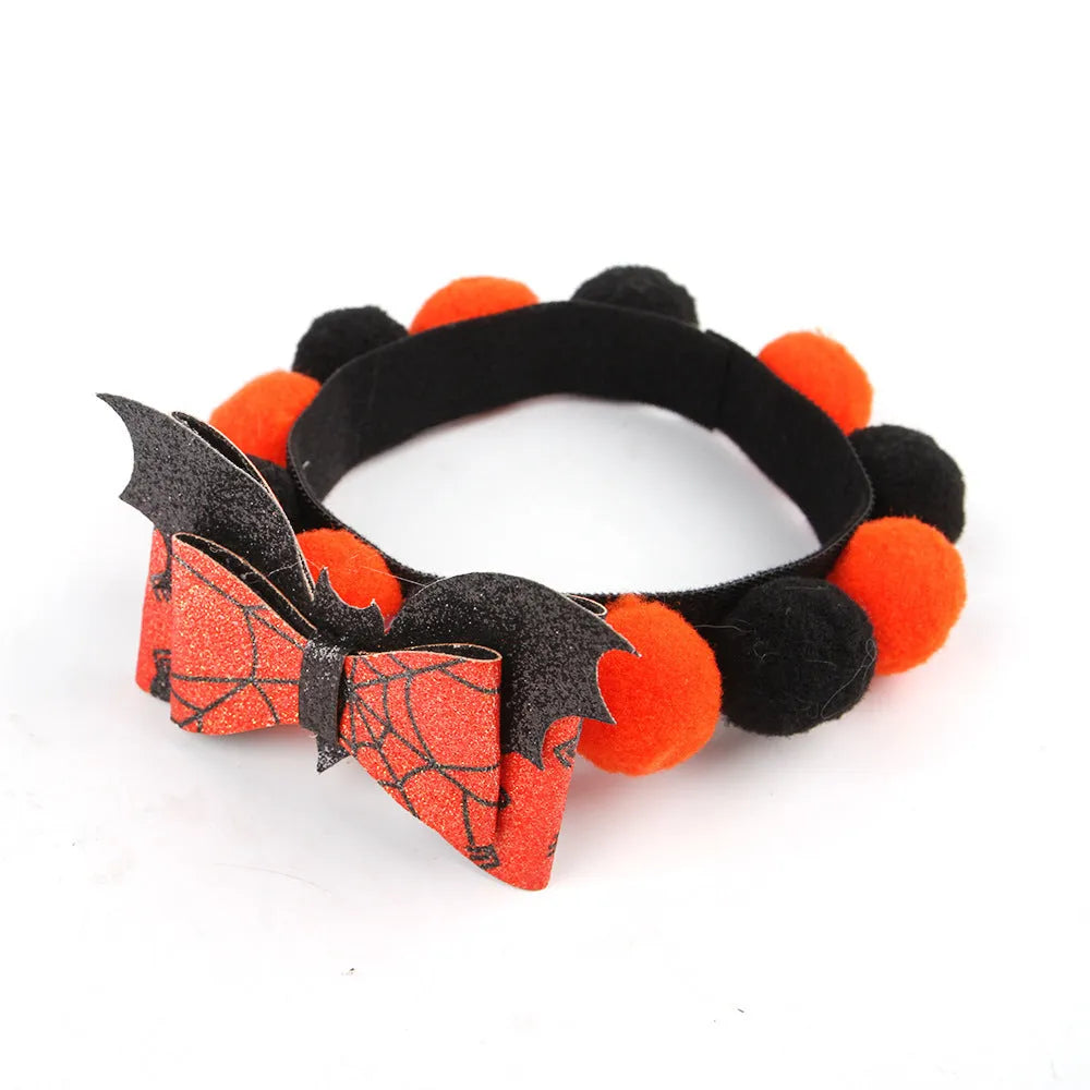 Halloween pet collar with fur ball decorations in various Halloween designs for dogs and cats