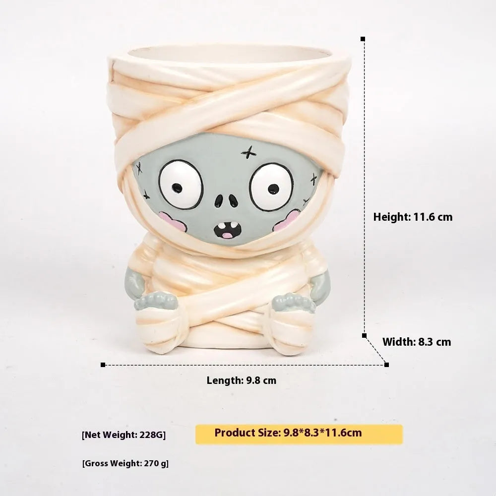 Halloween cartoon flower pot resin decorations with manual painting in zombie, ghost, Frankenstein designs