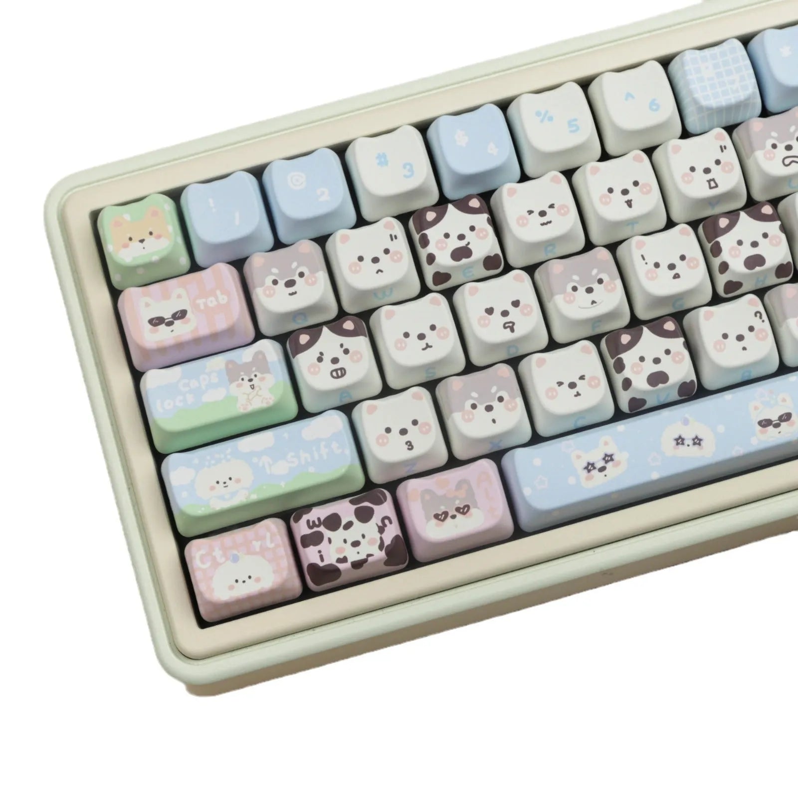 PBT sublimation keycap set showing detailed puppy and cat designs on mechanical keyboard keys