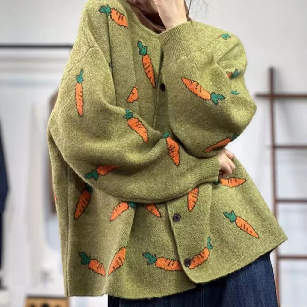 Womens loose fit cardigan with Mori artistic printing colour contrast design