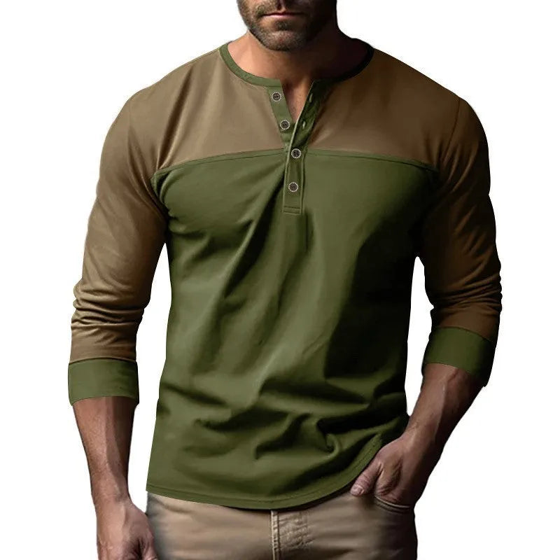 Long-sleeve Henry collar casual shirt in solid beaded twill fabric