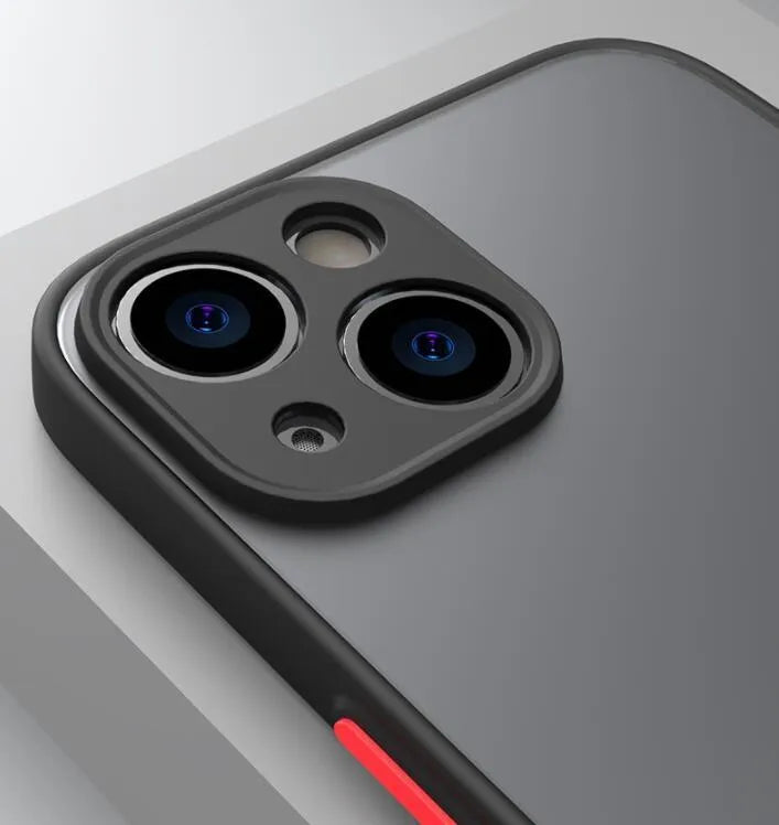 Black frosted hard iPhone case with full camera lens cover and fine hole skin-sensing design on a table.