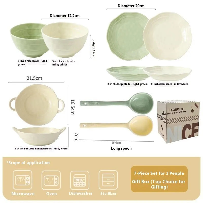 Solid colour ceramic dinnerware set with seven pieces in minimalist Japanese style, boxed packaging.
