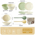 Solid colour ceramic dinnerware set with seven pieces in minimalist Japanese style, boxed packaging.