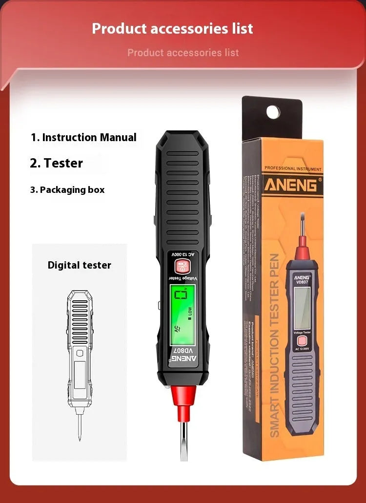 Black digital voltage detector pen with LCD display showing voltage reading