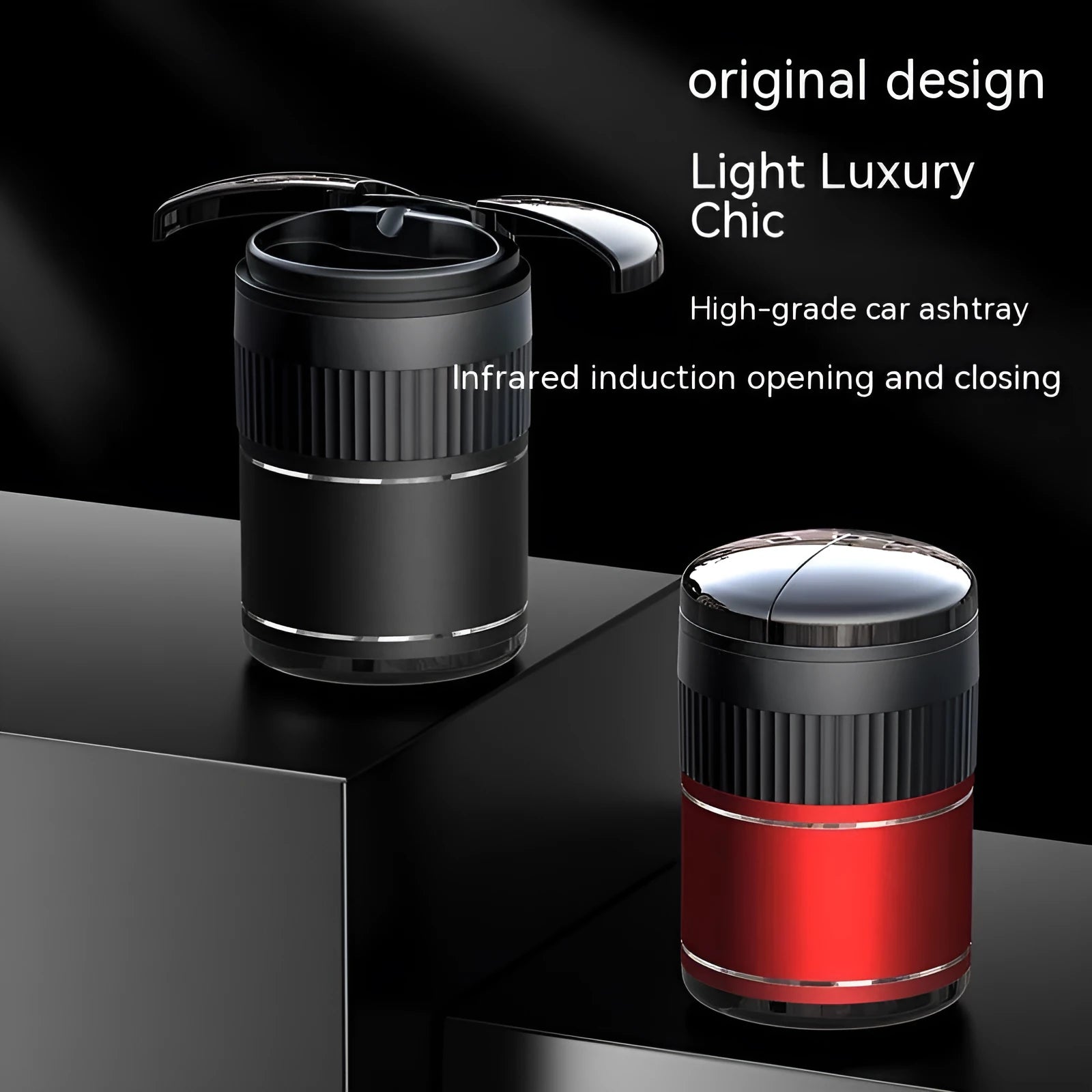 Smart infrared sensing metal car ashtray with lid in black colour