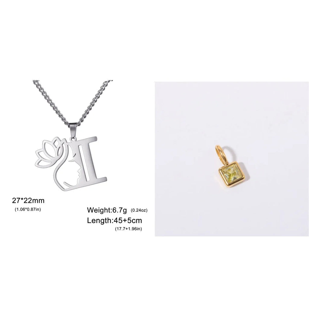 Stainless steel letter necklace with cross chain and single pendant in gold or silver electroplated finish