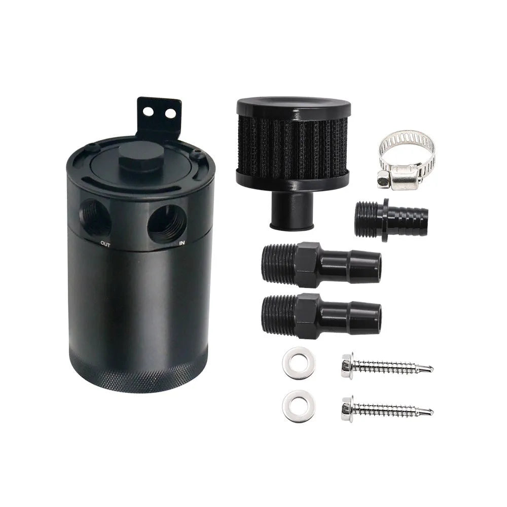 Aluminium automotive oil breather pot with two mounting holes in black and silver colour options