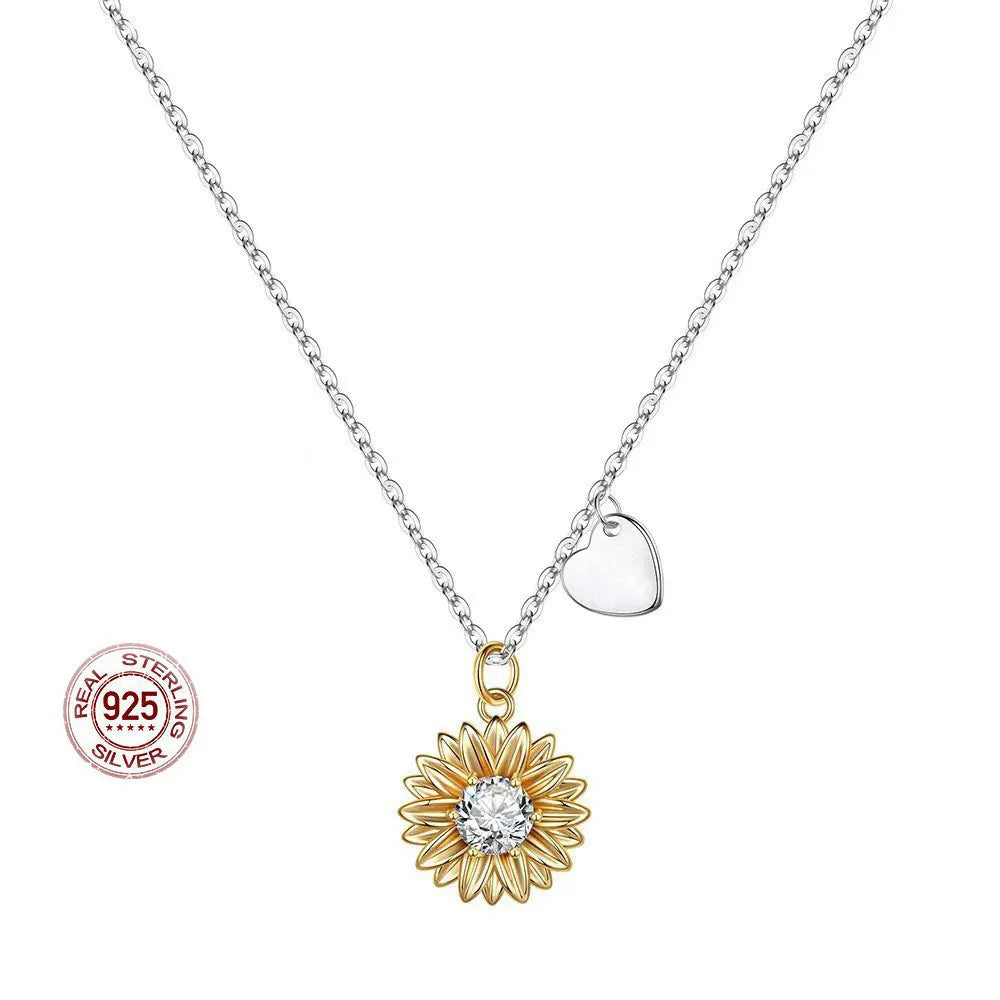 925 silver sunflower necklace with geometric daisy pendant on adjustable cross chain