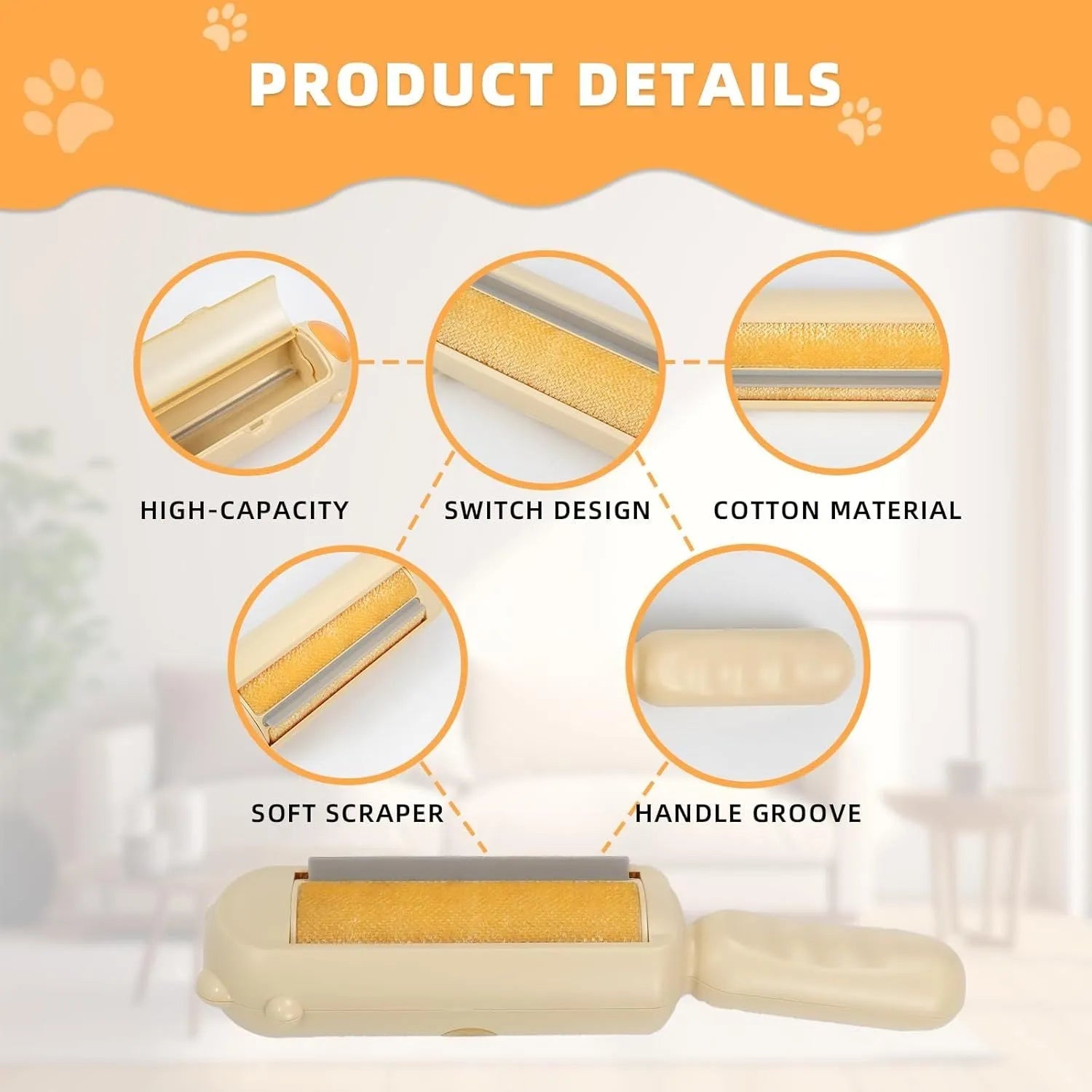 Blue pet hair remover with self-cleaning base on a fabric sofa