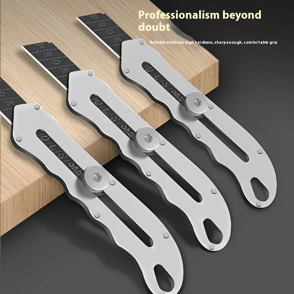 Stainless steel folding art knife with black blade and included long and trapezoidal blades