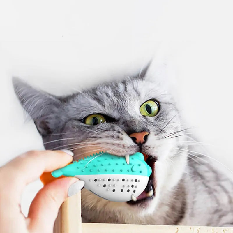 Blue silicone fish chew toy for cats with dimensions 12.2 x 4.9 x 5.8 cm