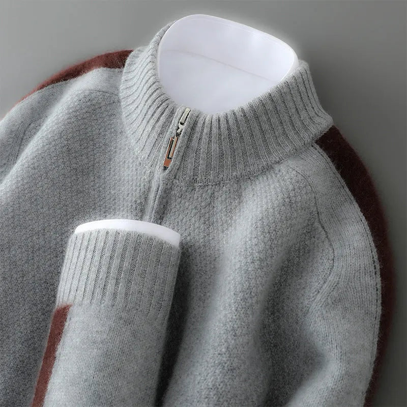 Half-zip wool sweater in slim fit with round neck, shown in one of four colours: Chinese Red, Grey, Pea Green, or Raw Velvet Camel