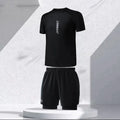 Men's plus size swimming trunks and matching rash guard top in polyester fabric.