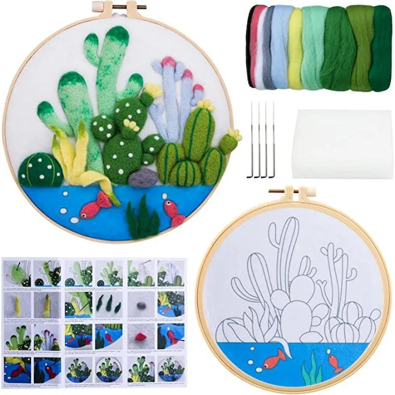 Round 20x20 cm linen embroidery kit with wool felt pieces and embroidery frame for botanical designs