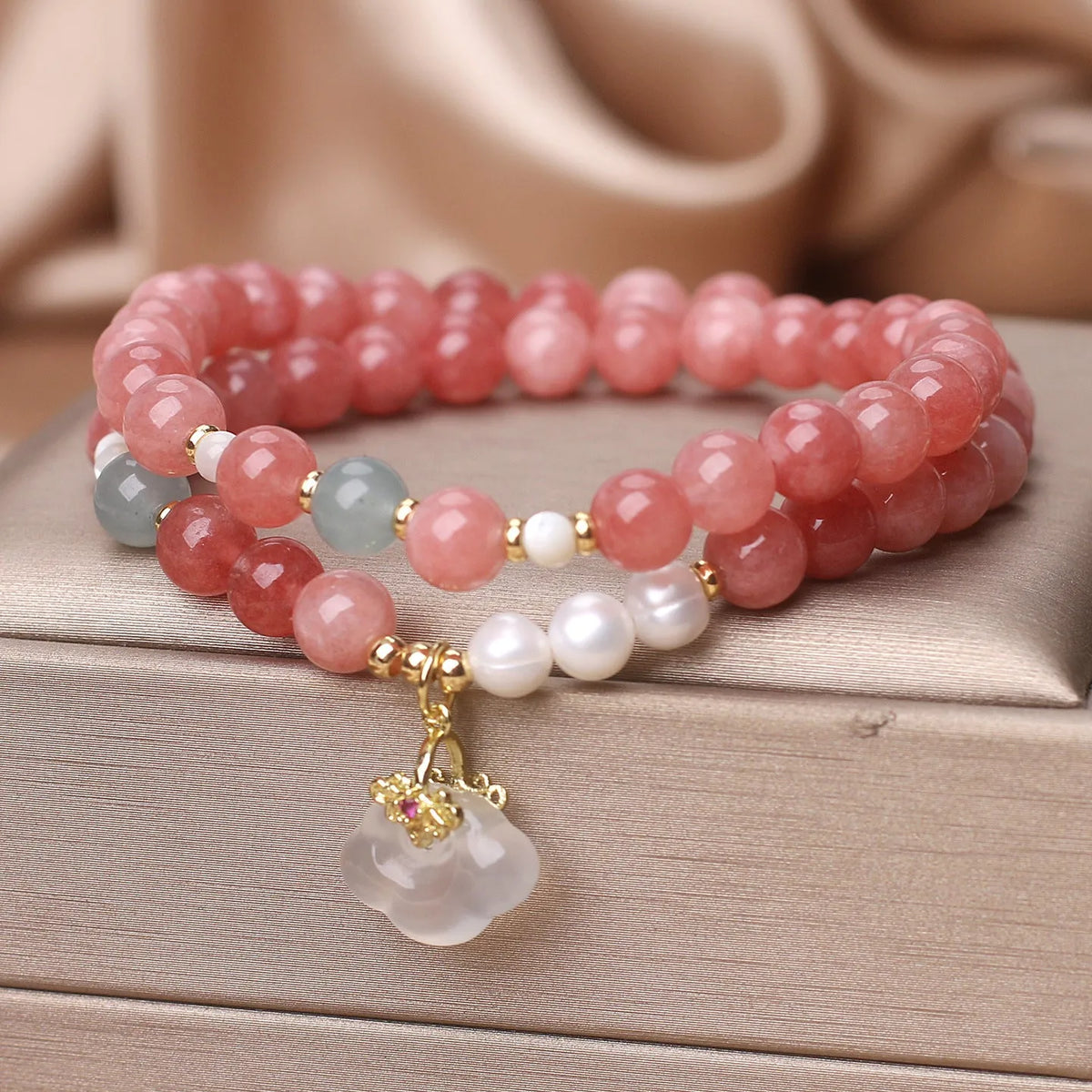 Pink agate crystal bracelet for women with double ring design, handmade Chinese style