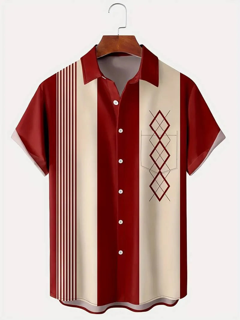 Men's loose-fitting plaid short sleeve shirt with lapel collar in contrast colours