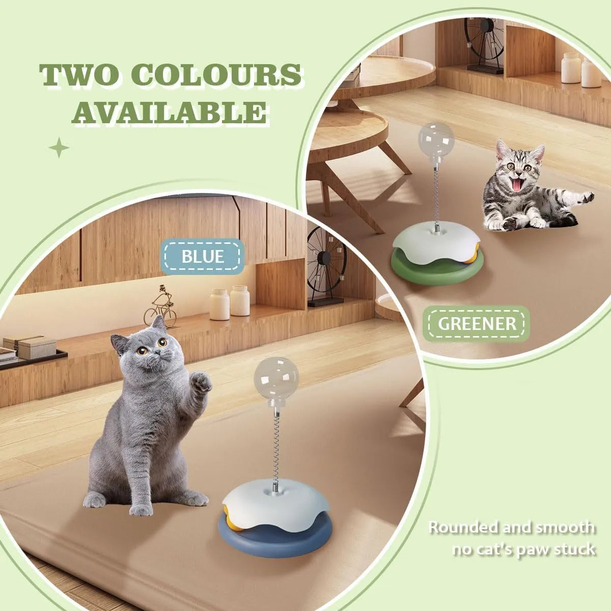 Blue or green PP plastic cat treat dispenser toy with track ball, showing slow feeder design and rounded shape.