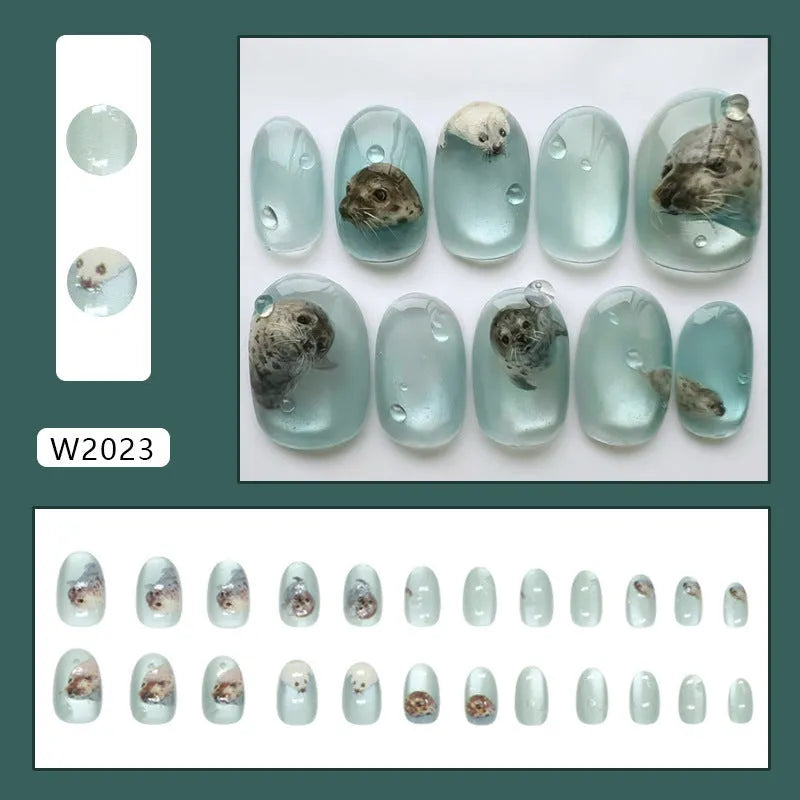 Short oval summer ocean cat eye press-on nails with glue for ladies, cute wearable plastic nail set