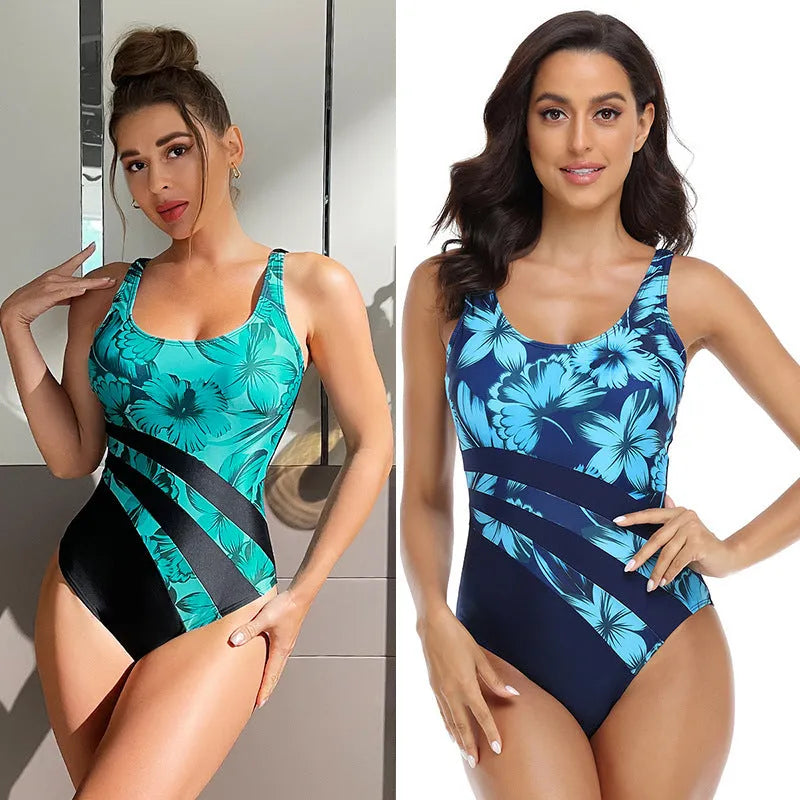 Green and blue women's conservative one-piece polyester swimsuit for swimming.