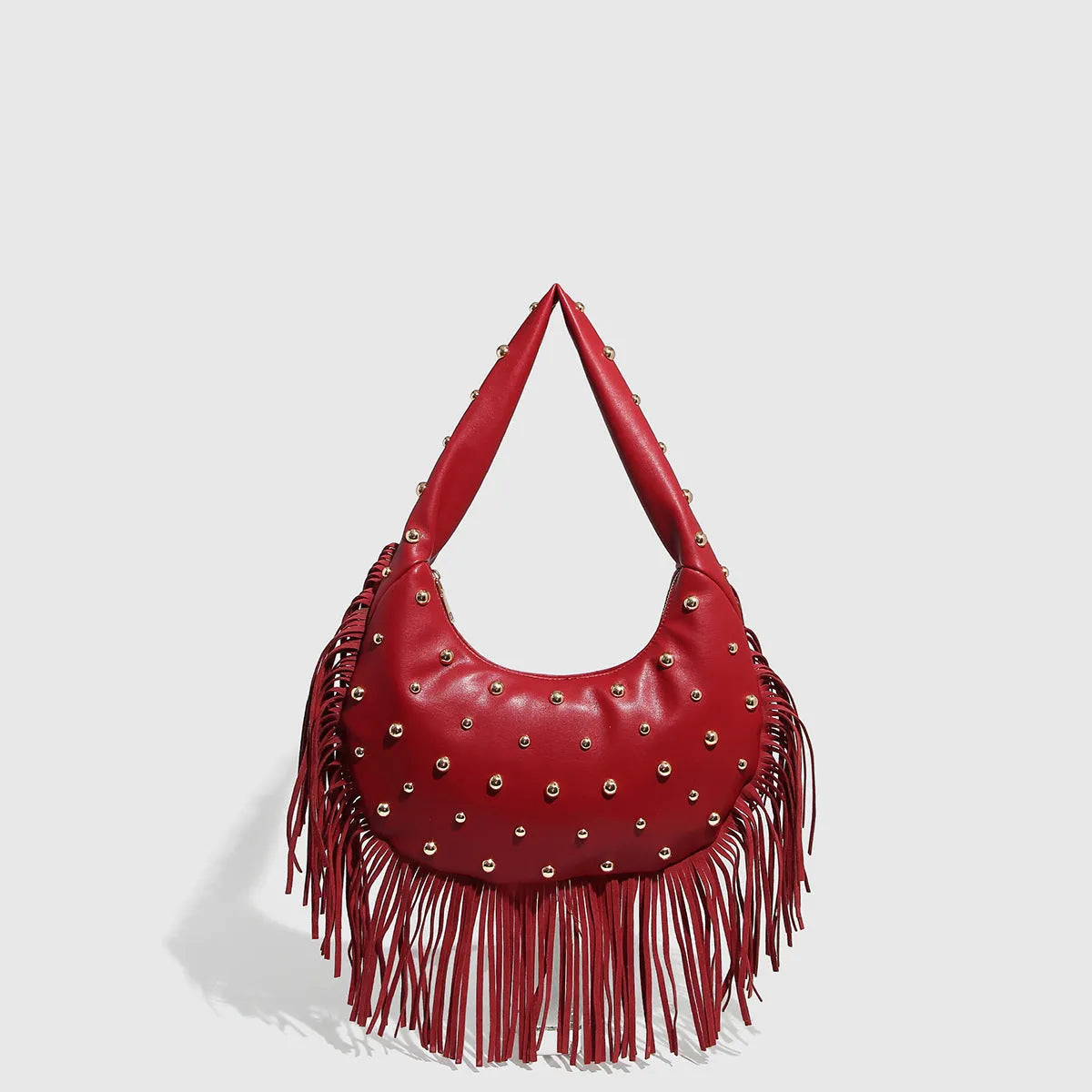Retro tassel shoulder handbag in black or wine red with mobile phone pocket