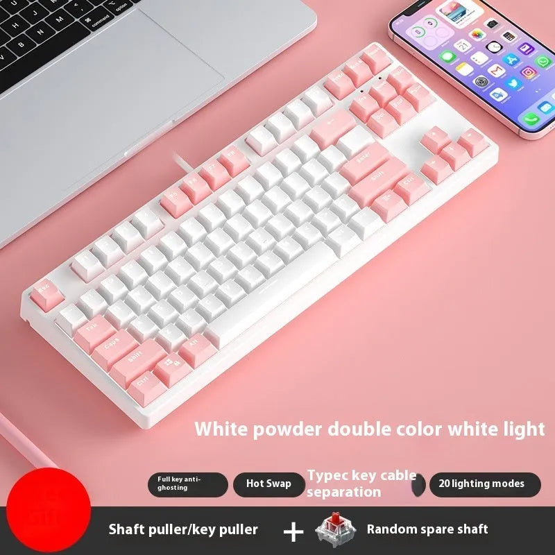 87 key wired mechanical keyboard with hot-swappable switches showing dual-colour keycap theme on metal body