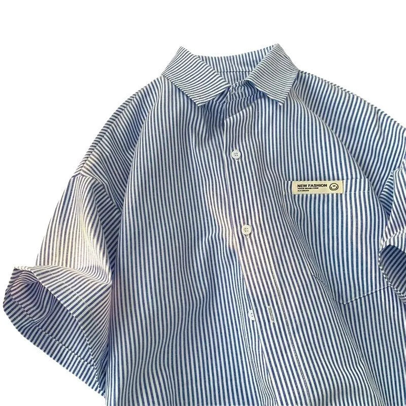 Blue and green striped loose fit plus size half sleeve polyester shirt