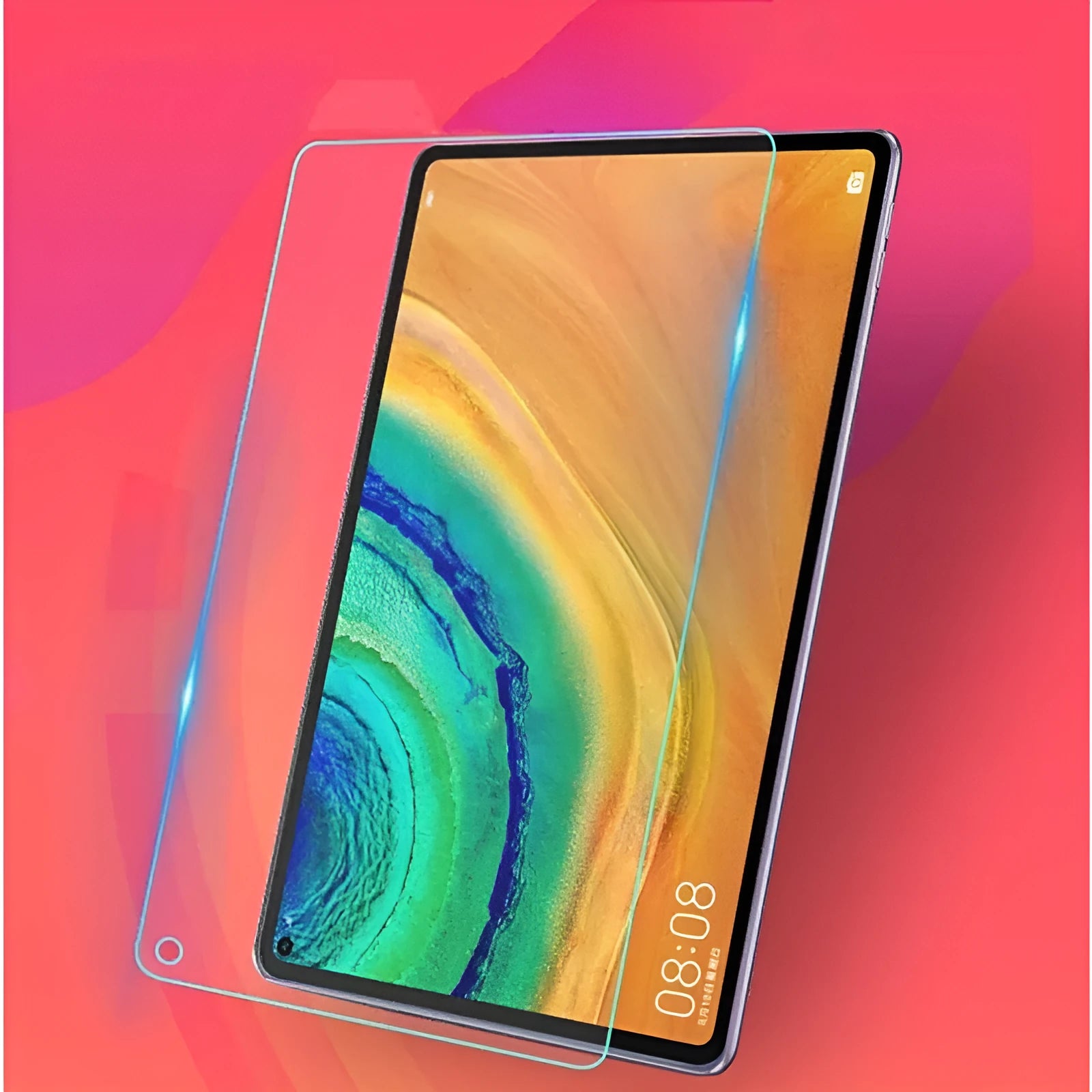 Huawei MatePad tablet with a clear tempered glass screen protector applied, showing model-specific fit.