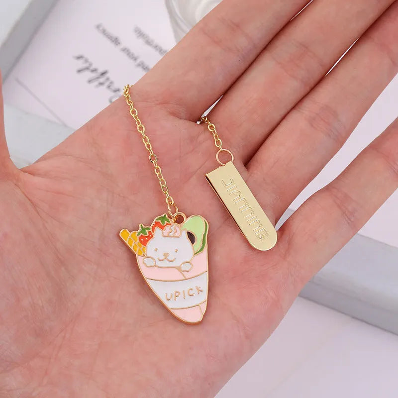 Jane Lime Foodie cat metal bookmark with cartoon pendant in one of four cat-themed designs