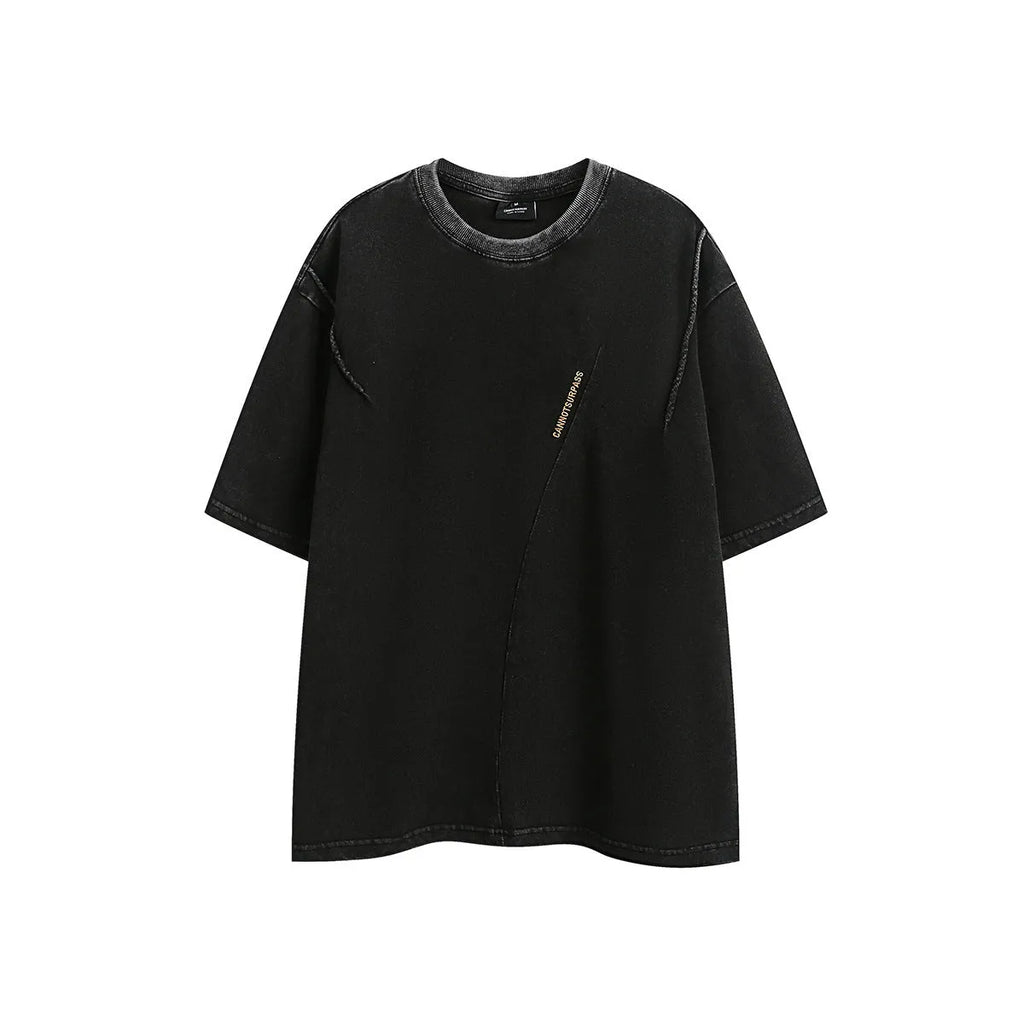 Purple and black loose-fit cotton t-shirt with retro half-sleeve design on hanger