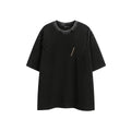 Purple and black loose-fit cotton t-shirt with retro half-sleeve design on hanger